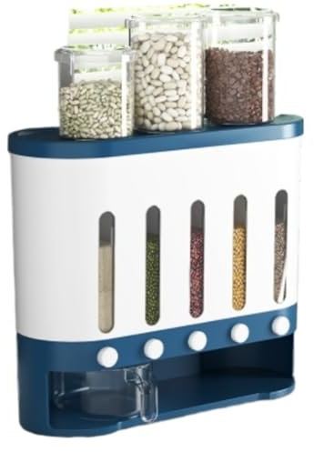 Dispensador De Cereales Dispensador De Alimentos Secos De 5 Rejillas, Dispensador De Arroz Para Montaje En Pared, Contenedor De Cereales, Dispensador De Granos De Café Despensa De Cocina(Blue)