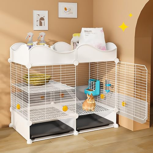 2-stöckiger Kaninchenkäfig für den Innenbereich mit Deckel, Meerschweinchenkäfig, Laufstall für Kleintiere, für Meerschweinchen, Kaninchen, Verschlüsselungsabstand, hohe Schallwand, leicht zu rei
