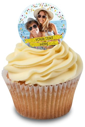 Cakeshop Cupcake Personalisierte Essbare Kuchenaufleger Mit Konfetti-Rand & Goldtext-Bannern | Personalisieren Mit Ihrem Bild & Text | Für Geburtstage & Feiern | Zuckerguss- oder Oblatenpapier