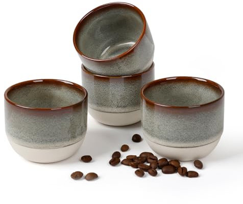 NOVAJOY | Juego de 4 tazas de espresso | 140 ml | Mini taza de espresso – Hecho a mano de pared gruesa | tazas de gres de alta calidad | sin asa | tazas de café | moca | regalo en diseño moderno