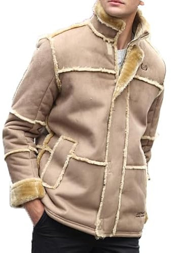 SXHEYUY Herren Fleece Kunstpelz Mantel, Warm Winter Leder Lammfell Mantel,Beige,XL