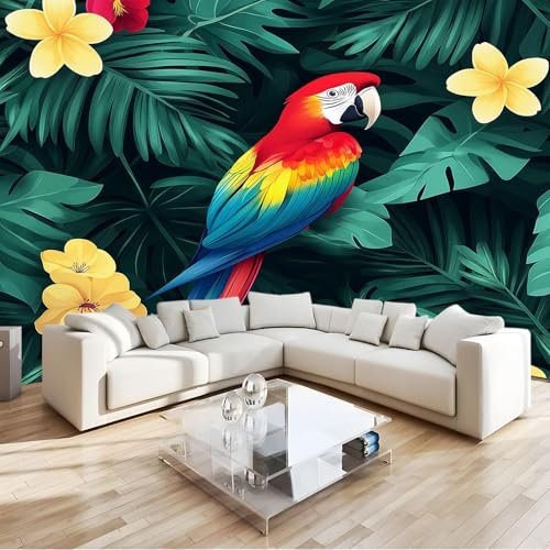 Verde Fotomural Loro de plantas tropicales Fotomural Pared, 250x175 cm Papel Pintado 3D, Fotomurales Decoración de Comedores Moderna Lana Sala Cuarto Salón