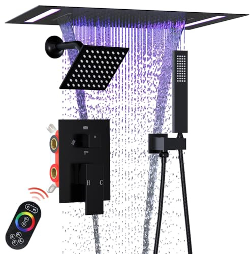 ENGA Dual Rain Shower Head System, 2 In 1 Functions Ceiling Mount 14x20inch LED Shower Head with 6 Inch Shower Head, Rainfall Waterfall Shower Faucet Set, Matte Black
