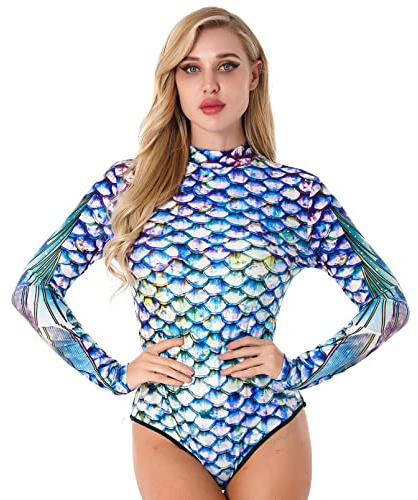 dPois Damen Meerjungfrau Badeanzug Langarm Schwimmanzug mit 3D Fischschuppe Druck UV-Schutz Sommer Bademode Badebekleidung für Schwimmen Surfen