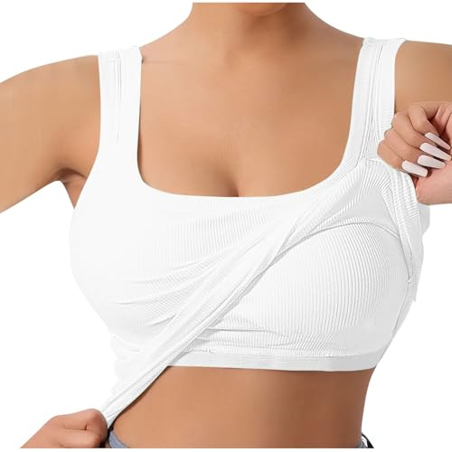 HEONSATI Canotta Cotone Donna Elegante Tank Top Cotone Senza Maniche Sportiva Canottiera Reggiseno Incorporato Maglietta Curvy Spalline Regolabili vestibilità T-Shirt Jogging Palestra Elegante Comodi