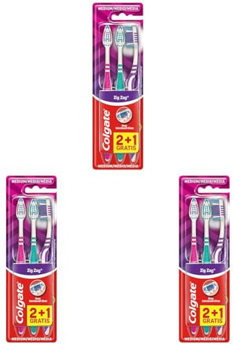 Colgate ZigZag Cepillo de Dientes Dureza Media, Pack 3 Uds, Limpieza Interdental Profunda, Limpiador de Lengua, Elimina Bacterias Causantes del Mal Aliento, Confort y Suavidad de las Encías