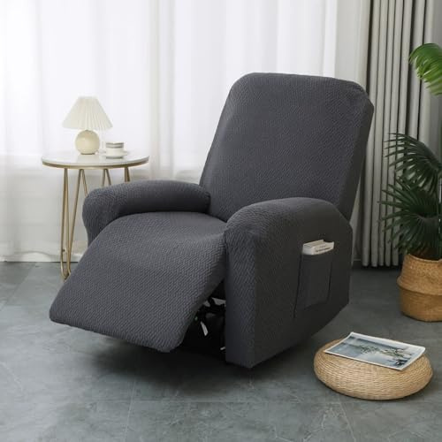 PEIHUODAN Fundas para Sillón Reclinable de 1 Plaza con Bolsillos, Jacquard de Color Sólido 4 Piezas de Fundas Elásticas para Sillón y Sofá, Funda de Sofa Sala, Dark Gray
