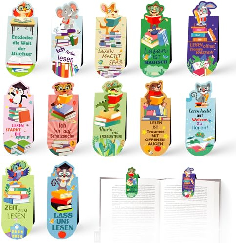 TNEDFOD 12 Stück Magnetische Lesezeichen Kinder, Tiere Lesezeichen mit Sprüchen über das Lesen, Mitgebsel Kindergeburtstag, Kleine Geschenke für Schüler und Buchliebhaber
