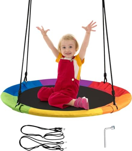 Nest Swing, Round Colorful Rainbow Hanging Seat, Adjustable Hanging Ropes, Safe and Sturdy Swing for Children Tree Park Backyard