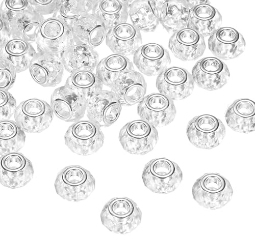 sourcing map 100Pcs 14mm Large Hole Acrylic Beads Clear European Loose Round Faceted Rhinestone Craft Bead for DIY Bracelet Necklace Jewelry Making