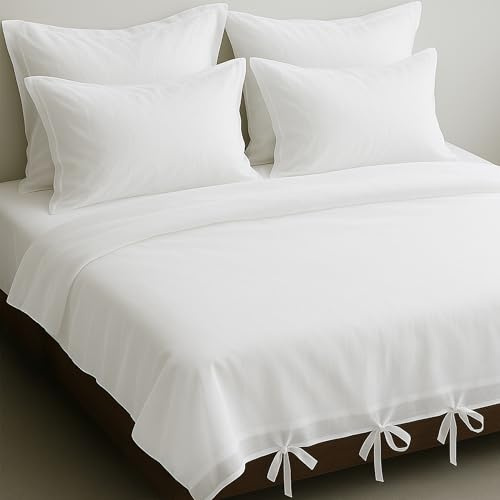 LINENWALAS 100 % ekologisk bomull voile påslakanset – 3-delat ultramjukt, lätt sänglinne täcke med rosett knutstängning för king size-sängkläder (226 x 220 cm, vit)