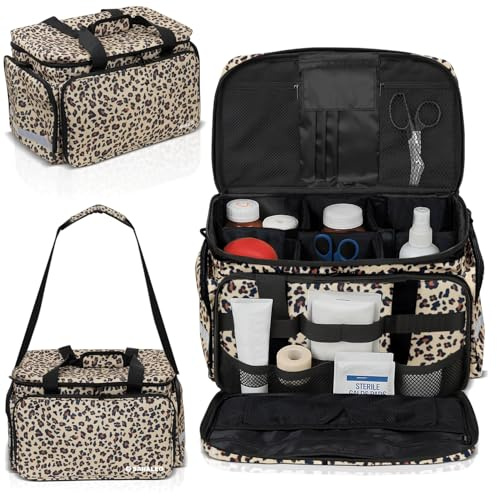SARALEO Leopard Medical Bag Organizer Empty – Home Health Nurse Bag | Medical Supply Bag for EMS, Nurses, Students | Adjustable Dividers, Water-Resistant 600D, Reflective Safety Strips, 15.7 inches