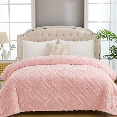 Guchuang Blush Pink Fleece Throw Blanket, Jacquard Diamond Pattern Blanket King Size, Super Soft Fuzzy Plush Decorative Thick Warm Bed Throws for Sofa Couch Travel All Season Use, 220x240cm