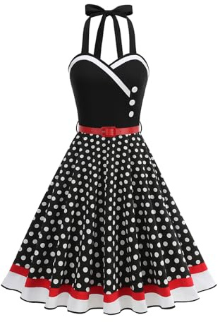 EFOGEP Women's 50s Vintage Rockabilly Swing Dress, Halterneck Polka Dot Floral A Line Dress, Cocktail Party Formal Evening Dress with Belt, UK Size 8-16