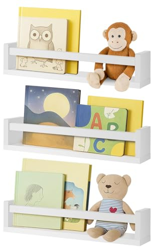 Trintion Bücherregal Kinder Wand, 3er-Set Massivholz Schweberegale für Kinderzimmer – Massiv Kiefer Schweberegale (42cm) – Stilvolles Deko Regal für Babyzimmer & Küche (Weiß)