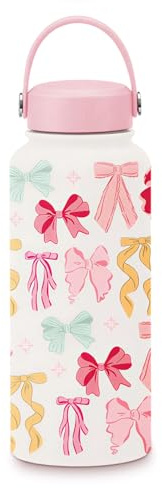 Colorful Bow Water Bottle 1L (32oz) Insulated Water Bottle for Women Teens Girl, Stainless Steel Leakproof Girls Water Bottle with Straw for School, Travel, Ideal Birthday and Back to School Gift