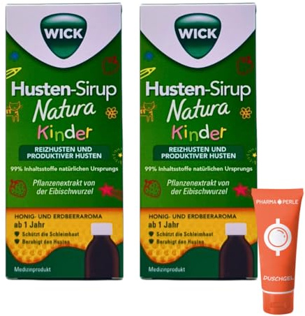 WICK Husten-Sirup Natura Kinder 2x 140 ml I Pflanzlicher Sirup bei Reizhusten & produktivem Husten I Mit Eibischwurzel I Honig-Erdbeer Geschmack I ohne Alkohol I Spar-Set plus Pharma Perle give-away