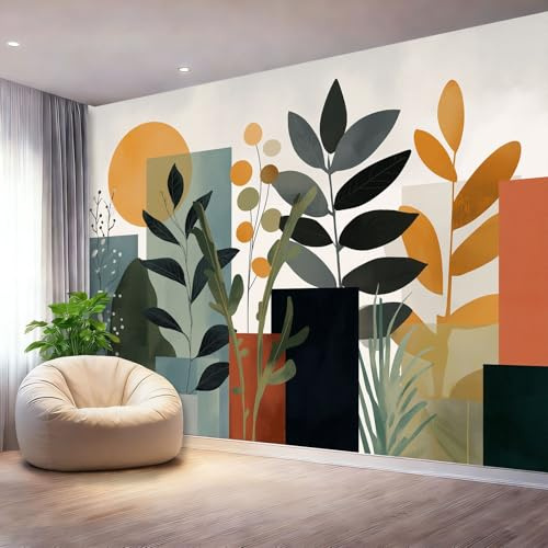 Générique Papier Peint Panoramique Abstrait Plantes Géométrie Moderne Murale Intissé, Poster et Tableaux Muraux Imprimés 3D Papier Peint Coloré pour Décoration Chambre et Salon, 350 x 256 cm