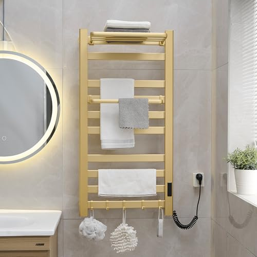 SWHC WiFi Scaldasalviette Elettrico con Ripiano Superiore, 180 W Termoarredo Elettrico Bagno da Parete, 9 Barre Porta Asciugamani Bagno con Timer E Termostato 30-60°C, 5 Gancio, IPX4, 96x48.5cm, Oro