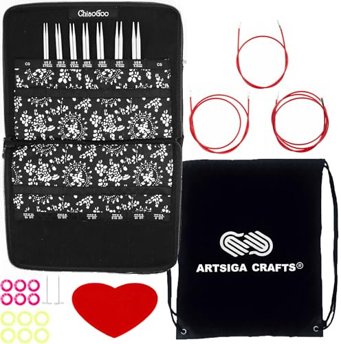 ChiaoGoo Artsiga Crafts 7500-S - Set di ferri da maglia intercambiabili, in pizzo rosso, 12,7 cm, con 1 borsa Artsiga Crafts Project Bag