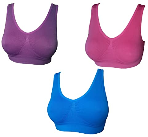 3 6 9 Pack Comfort Bra Women Girls Crop Top Seamless Sleep Yoga Bralette Stretch Bras Sports Vest Wireless Post Surgery Bra, 1 Hot Pink 1 Purple 1 Blue, XL