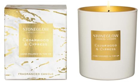 Stoneglow Luna Collection - Cedarwood & Cypress 220 Grams Scented Candle of Cedarwood, Cypress, Fennel, Sage, Thyme and Eucalyptus, Gift for Birthday, Anniversary - White & Gold
