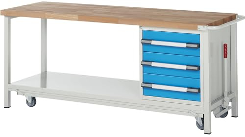 eurokraft | Fahr- und absenkbare Werkbank | Gestellbauweise Serie 8000 | 3 Schubladen | Ablageboden | BxT 2000 x 700 mm