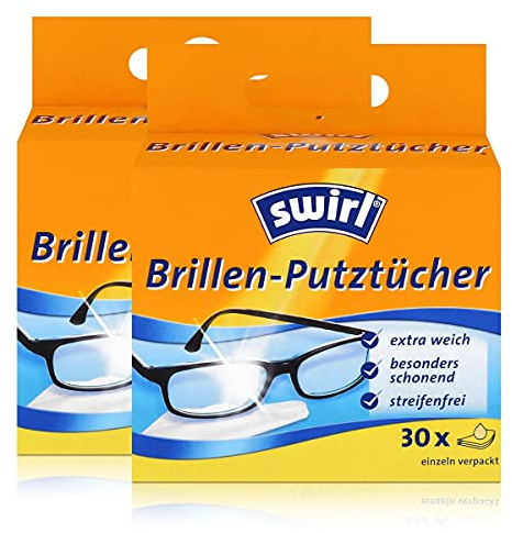 Swirl Brillen-Putztücher 30 einzeln verpackte Tücher in Spenderbox - Anti-Beschlag-Effekt - Extra weich und schonend - Fettlösend - Streifenfrei (2er Pack)