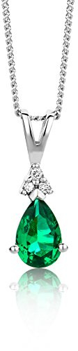 OROVI Schmuck Damen Tropfen Kette mit Ketttenanhänger Edelstein/Geburtsstein Smaragd in grün verziert mit 3 natürlichen Diamanten Brillanten klassische Halskette Weißgold 9 Karat / 375 Gold