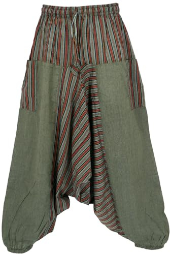 GURU-SHOP, Pantalones Harem, Patchwork Rayados Puder, Pump, Aladdin, Oliva, Algodón, Tamaño:40, pantalón