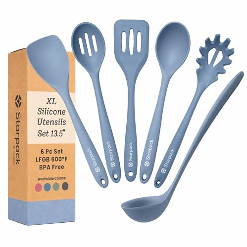 Starpack Like a Boss XL Silicone Cooking Utensils Set (6-Piece, 13.5) - LFGB Certified, 600°F Heat Resistant, BPA-Free - Heavy-Duty Steel Core, Dishwasher Safe - for Nonstick Cookware, Light Blue