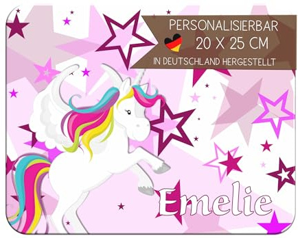 CreaDesign Personalisiertes Kinder Frühstücksbrett mit Namen, 20x25 cm, rutschfestes Schneidebrett aus Kunststoff, Einhorn Design, spülmaschinen & mikrowellengeeignet, Schneidbrett für Kinder