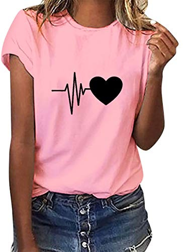 heekpek Femme Chemisier Chic T-Shirts Blouse Col Rond Tops Manches Courtes en Coton Ete T Shirt Imprimé Tunique T-Shirt, Rose, Taille M