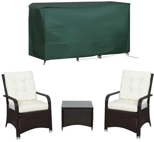 Outsunny 3 Pieces Rattan Garden Bistro Set with Furniture Cover Cream | Wicker Garden Furniture Set for 2, Glass Top Coffee Table, Chairs with Cushions, Metal Frame, Outdoor, Balcony, Patio