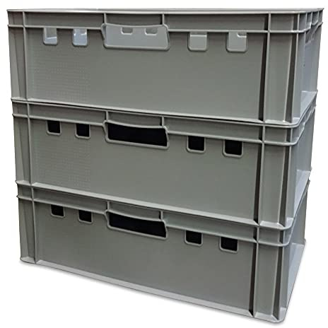 kanister-vertrieb® 3er Set E2-Kiste Eurobox Metzgerkiste Vorratskiste Aufbewahrungsbox Lagerbox 60x40x20 cm stabil für Lebensmittel geeignet (grau)
