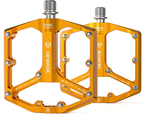 Road/Mountain Bike Pedals - 3 Bearings Bicycle Pedals - 9/16” CNC Machined Flat Pedals with Removable Anti-Skid Nails (Gold)