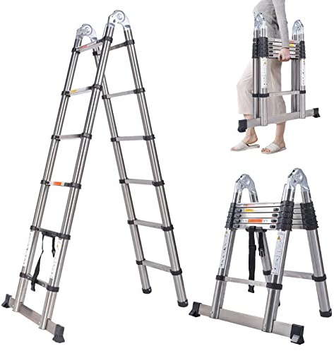 12.5FT New Stainless Steel Telescoping Extension Ladder 330lb Capacity Heavy Duty A-Frame Foldable 2-IN-1 Ladder with Support Bar Not Easy to Bend EN131 Certificated for Home Office Shed Warehouse