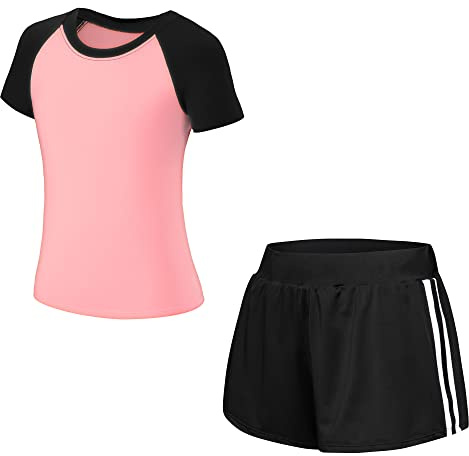 Barn flickor pojkar träningsoverall 2/3 delar sportdräkt jogging kläder set fritidsoverall (skjorta + byxor) träning löpning fotboll basket tröjor yoga (välj ett nummer mindre), 140 cm