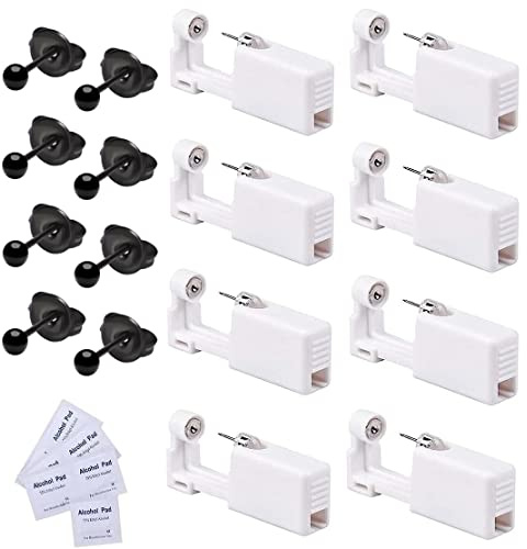 KOMUNJ 8 Stück Ohrlochstechpistole, Einweg Steril Sicherheits Ohrnasen Piercing Pistolen Kit, mit Ohrstecker, Asepsis Pierce Kit Piercing Zubehör, Schwarz 3mm