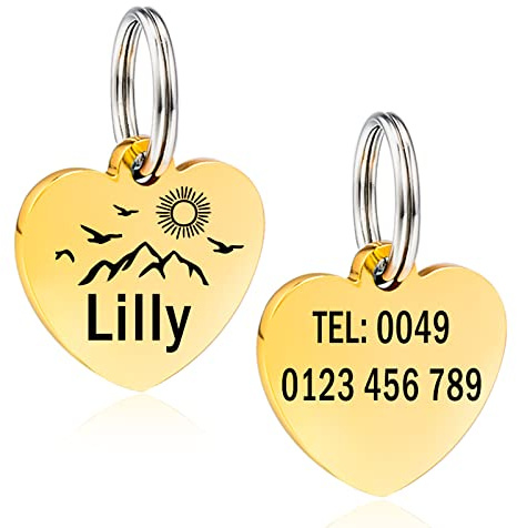 Herz Hundemarke mit Gravur Hundeanhänger Adressanhänger Tiermarke aus Edelstahl Personalisiert ID Tag Namensschild für Halsband mit Name, Symbol und Telefonnummer (M, Gold)