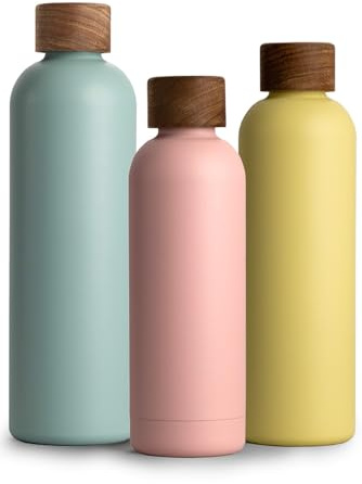 T&N Edelstahl Trinkflasche 500ml, Thermosflasche 0.5l mit Akazienholz Deckel, Isolierte Wasserflasche auslaufsicher bei Kohlensäure, Isolierflasche 500 ml - Nude