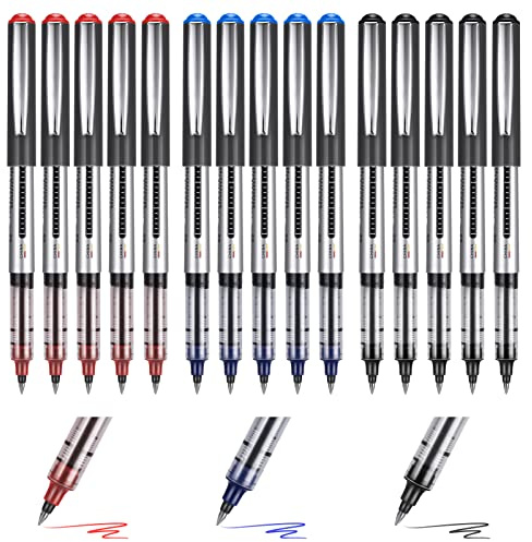 15 Pack Rollerball Pens,0.5mm Liquid Ink Rollerball Pens,Quick-Drying Ballpoint Pens Writing Pens Multipack for Writing,Journaling,Notes Taking School Office Supplies(Black, Blue, Red)