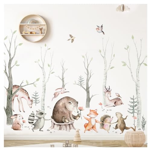 DEKO KINDERZIMMER Wandsticker XXL Waldtiere mit Baum Wandtattoo für Babyzimmer Wandaufkleber Kinderzimmer Wanddeko DK1117-05