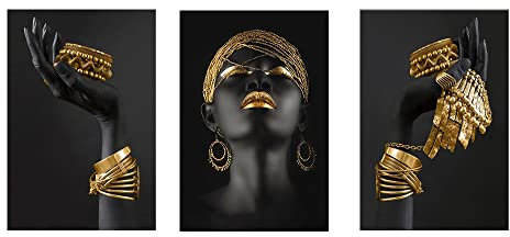 JLCZBT 3er Poster Set Wandbilder Afrikanische Frau Leinwand Bilder Schwarze Frauen Bilder Schwarz Gold Poster Drucke Bilder No Framed (50×70cm)