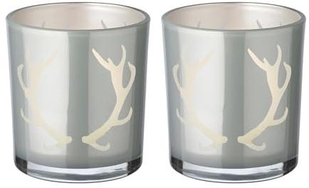 EDZARD Teelichtglas Ati 2er-Set (Höhe 8 cm, Ø 7 cm), grau, innen Silber | Geweih-Motiv leuchtet silbrig im Kerzenschein · 2er-Set für Esstisch und Fensterbank · für Teelichter
