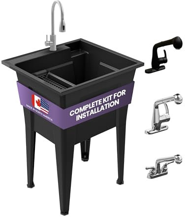 Freestanding Utility Sink with Stainless Steel Gooseneck Faucet - 24 Plastic Utility Sink for Garage, Laundry, Indoor and Oudoor Use - Laundry Tub Kit by Noah William Home - Black (19.5 gal)