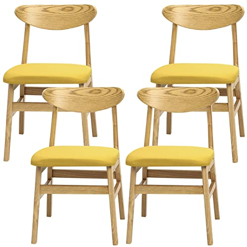 Massivholzstühle, moderner Restauranthocker für Zuhause, Küche, Café, Bartheke mit Rückenlehne und Kissen aus Baumwollleinen, 4 Hocker (Farbe: Khaki) (Gelb) Made in China