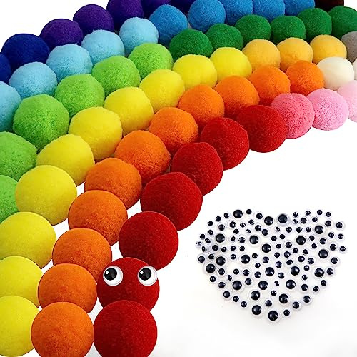 TOAOB 300 Stück Pompon 30mm Bunte Pompons zum Basteln Flauschigen Plüsch Bälle Größen Bommeln mit Selbstklebend Wackelaugen für Lustige DIY Kreative Handwerk