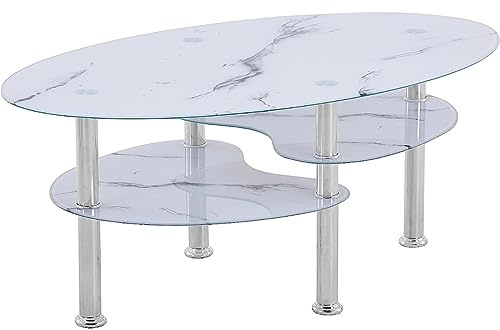 Euro Tische Couchtisch Glas mit 8mm Sicherheitsglas & Facettenschliff - Glastisch perfekt geeignet als Beistelltisch/Wohnzimmertisch (98x58x42 cm) (Marmor weiß mit Ablage)