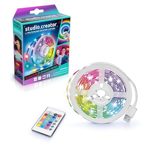 Studio Creator LED Colour Strip Light, Wireless Remote Control Included, 4 Dynamic Modes, 16 Colours, Create Stylish Backrounds, 5 Meter Long, Decorate Your Room